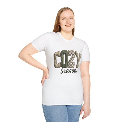 Cozy Season Women's T-Shirt — Plaid Knit Lettering Fall Graphic Tee