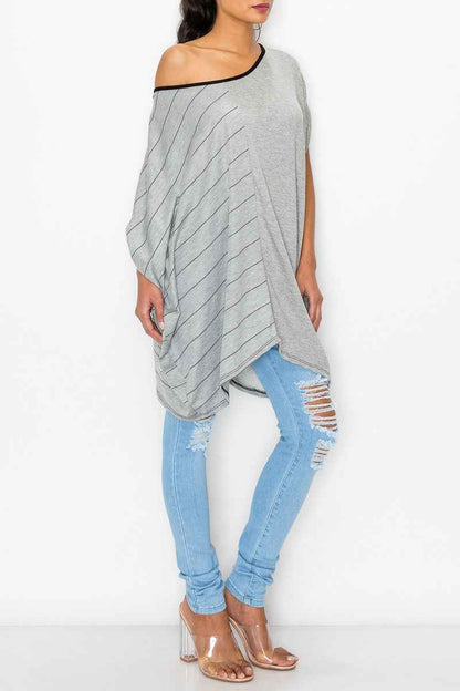 Stripe and Solid Contrast Oversized Women's Top Grey - Trendy and Comfortable