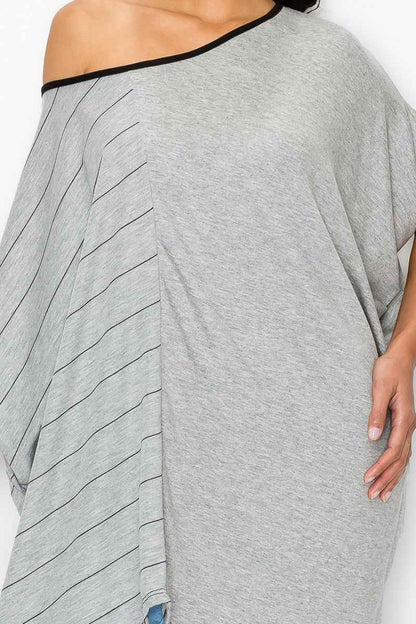 Stripe and Solid Contrast Oversized Women's Top Grey - Trendy and Comfortable