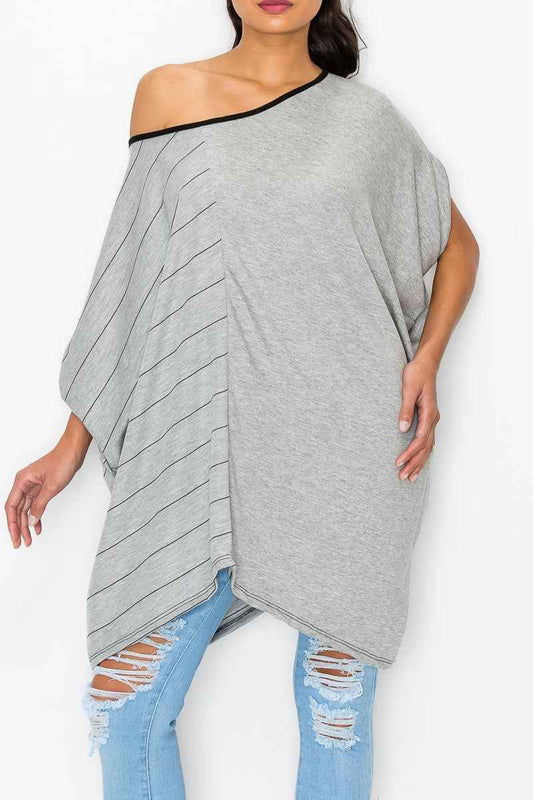 Stripe and Solid Contrast Oversized Women's Top Grey - Trendy and Comfortable