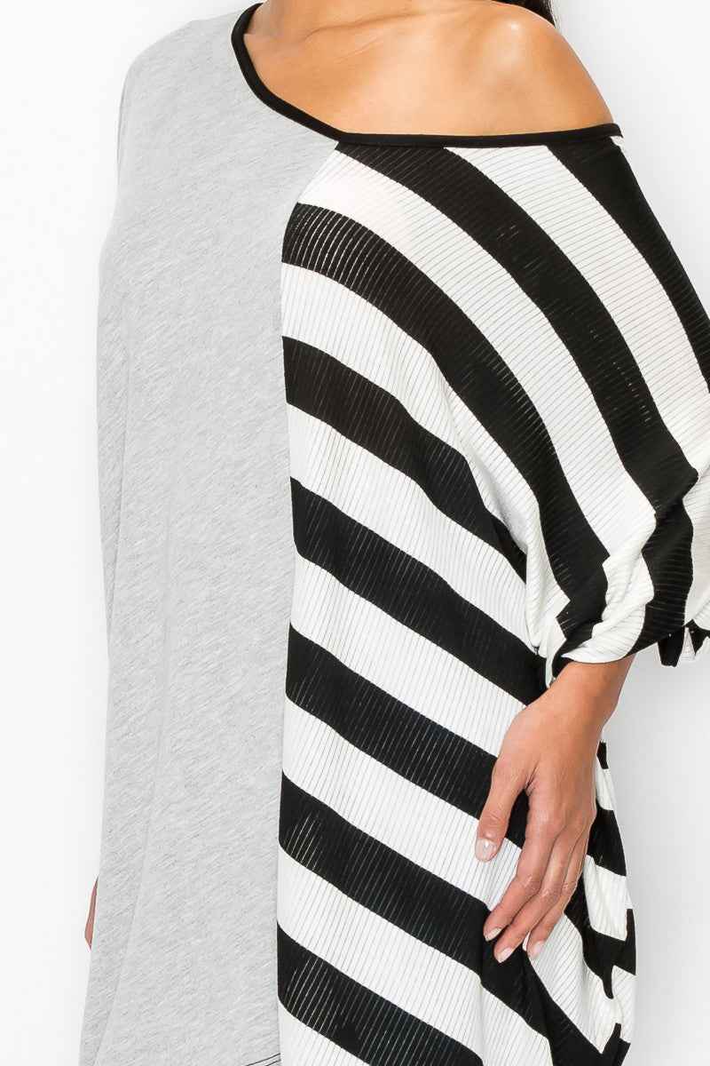 Stripe Contrast Oversized Top - Grey/Black Women's Top
