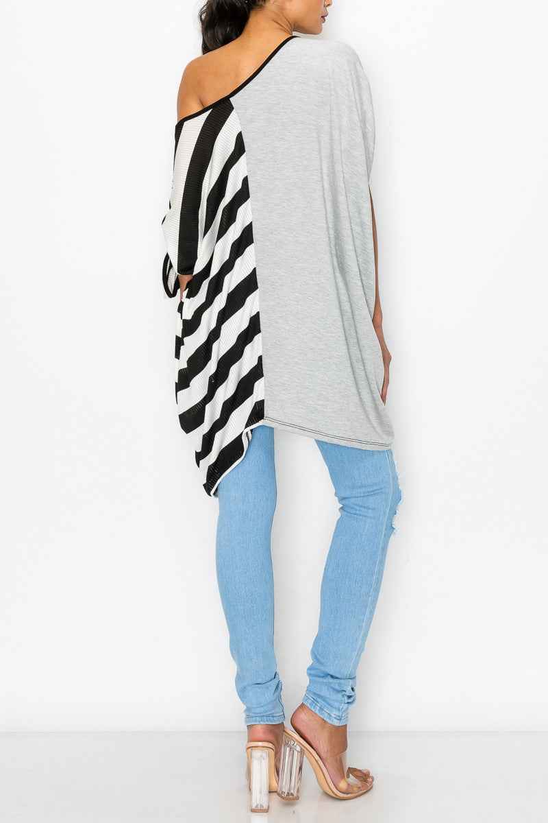 Stripe Contrast Oversized Top - Grey/Black Women's Top