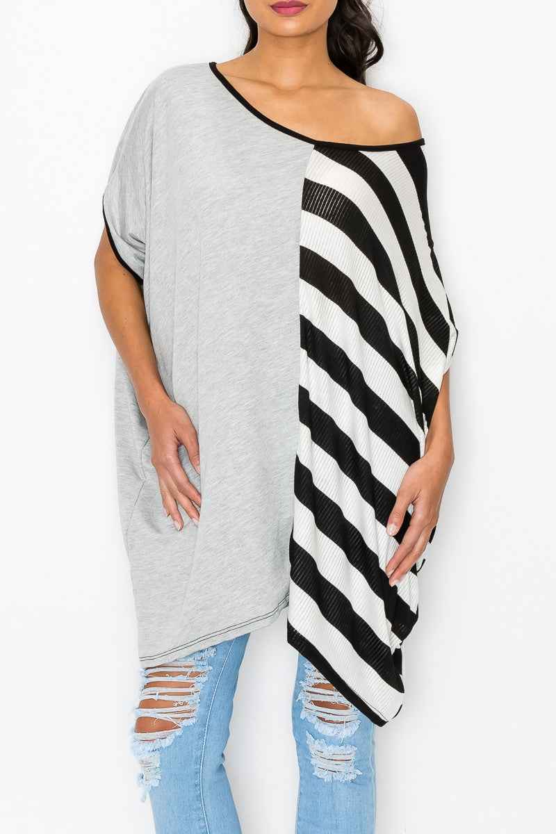 Stripe Contrast Oversized Top - Grey/Black Women's Top