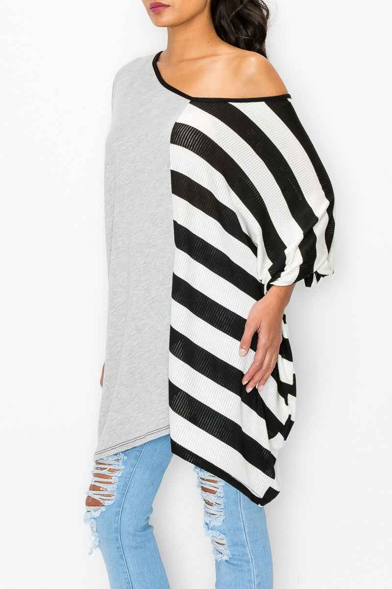 Stripe Contrast Oversized Top - Grey/Black Women's Top
