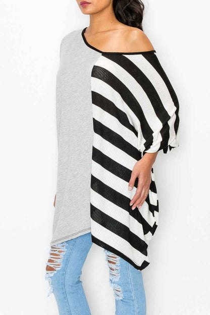 Stripe Contrast Oversized Top - Grey/Black Women's Top