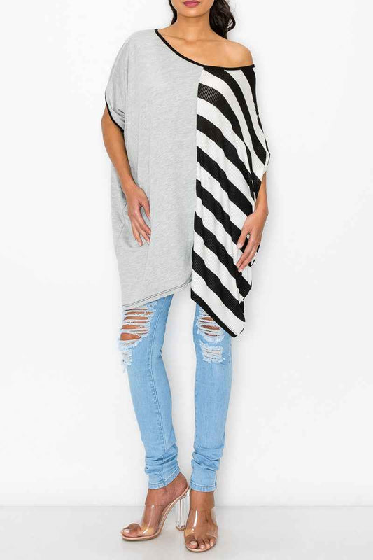 Stripe Contrast Oversized Top - Grey/Black Women's Top