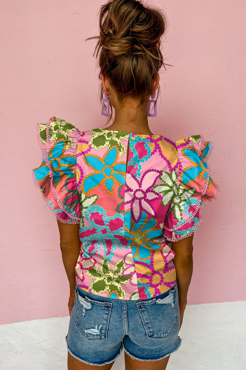Multicolor Vibrant Floral Print Trimmed Ruffle Sleeve Women's Blouse