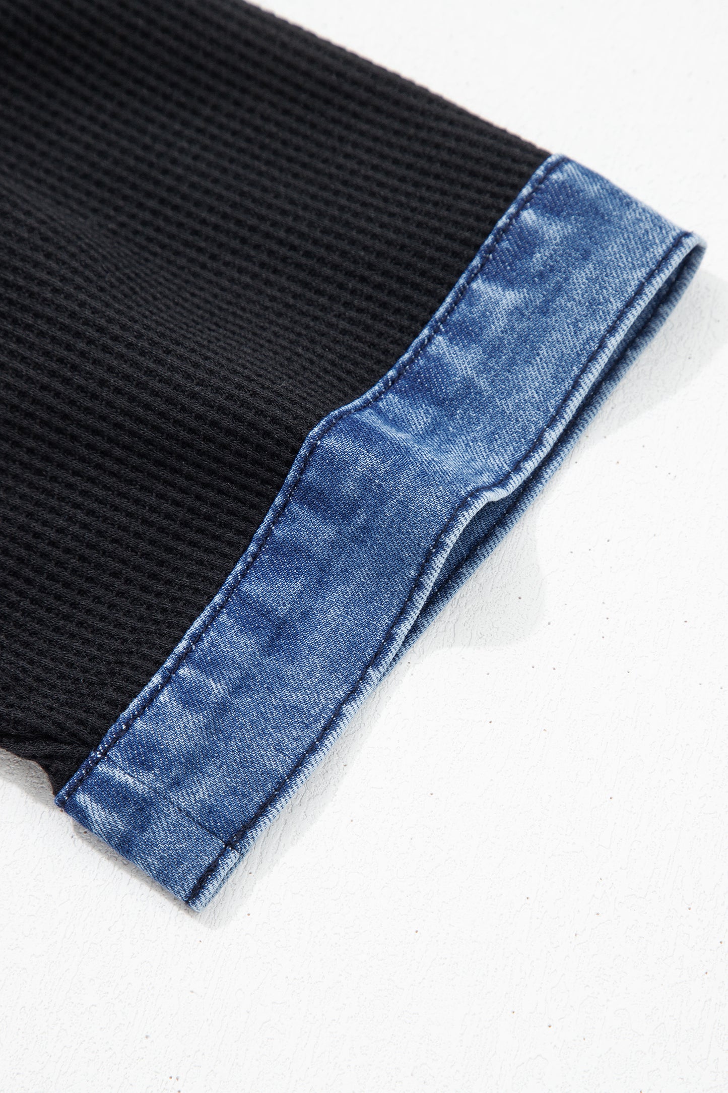 Waffle Knit Polo Top with Denim Trim
