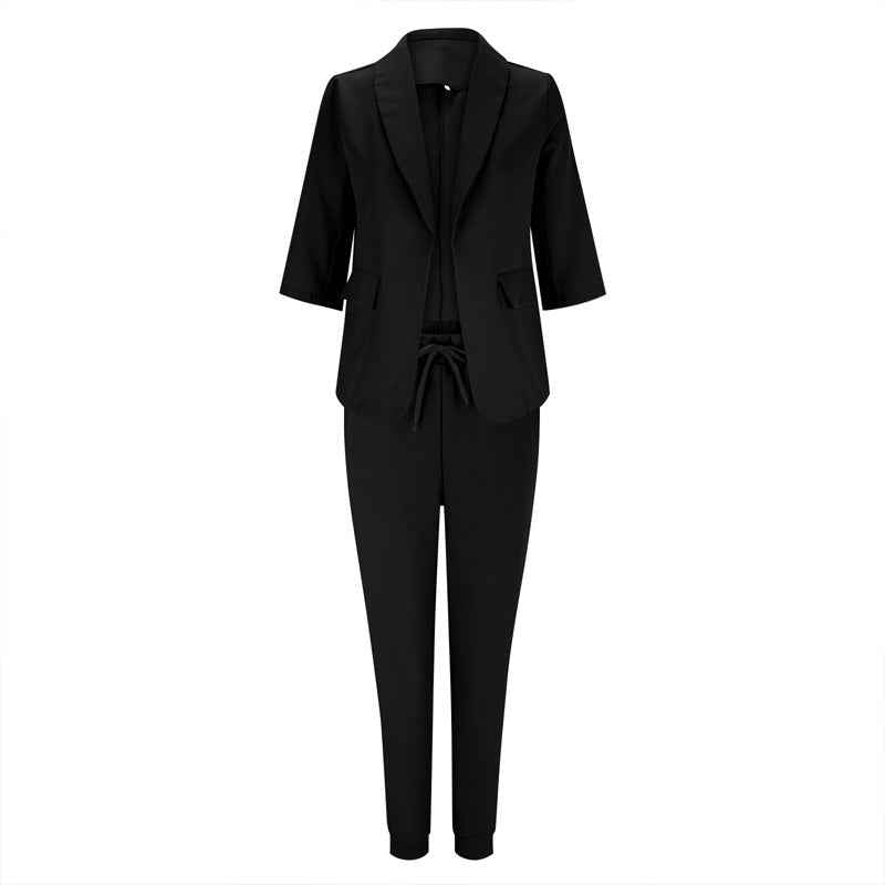 Women's Solid Color Long Sleeve Suit Set - Stylish Notch Lapel Blazer With Pockets & Drawstring Waist Pants, Spring&Fall Business Casual Outfit