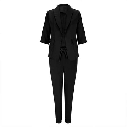 Women's Solid Color Long Sleeve Suit Set - Stylish Notch Lapel Blazer With Pockets & Drawstring Waist Pants, Spring&Fall Business Casual Outfit
