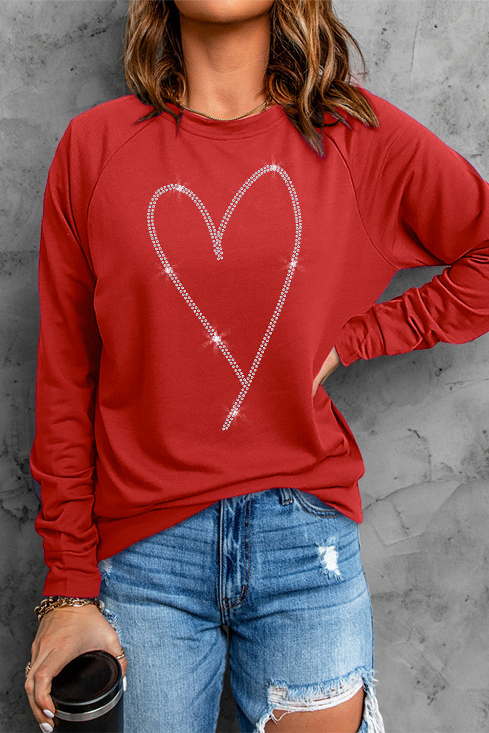 Fiery Red Rhinestone Heart Shaped Long Sleeve Women's Sweatshirt