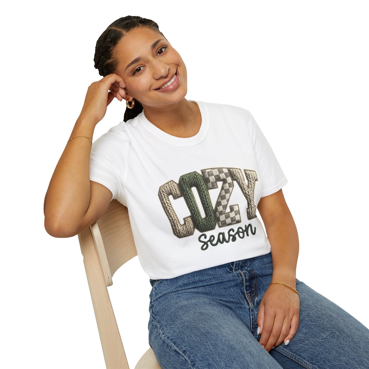 Cozy Season Women's T-Shirt — Plaid Knit Lettering Fall Graphic Tee