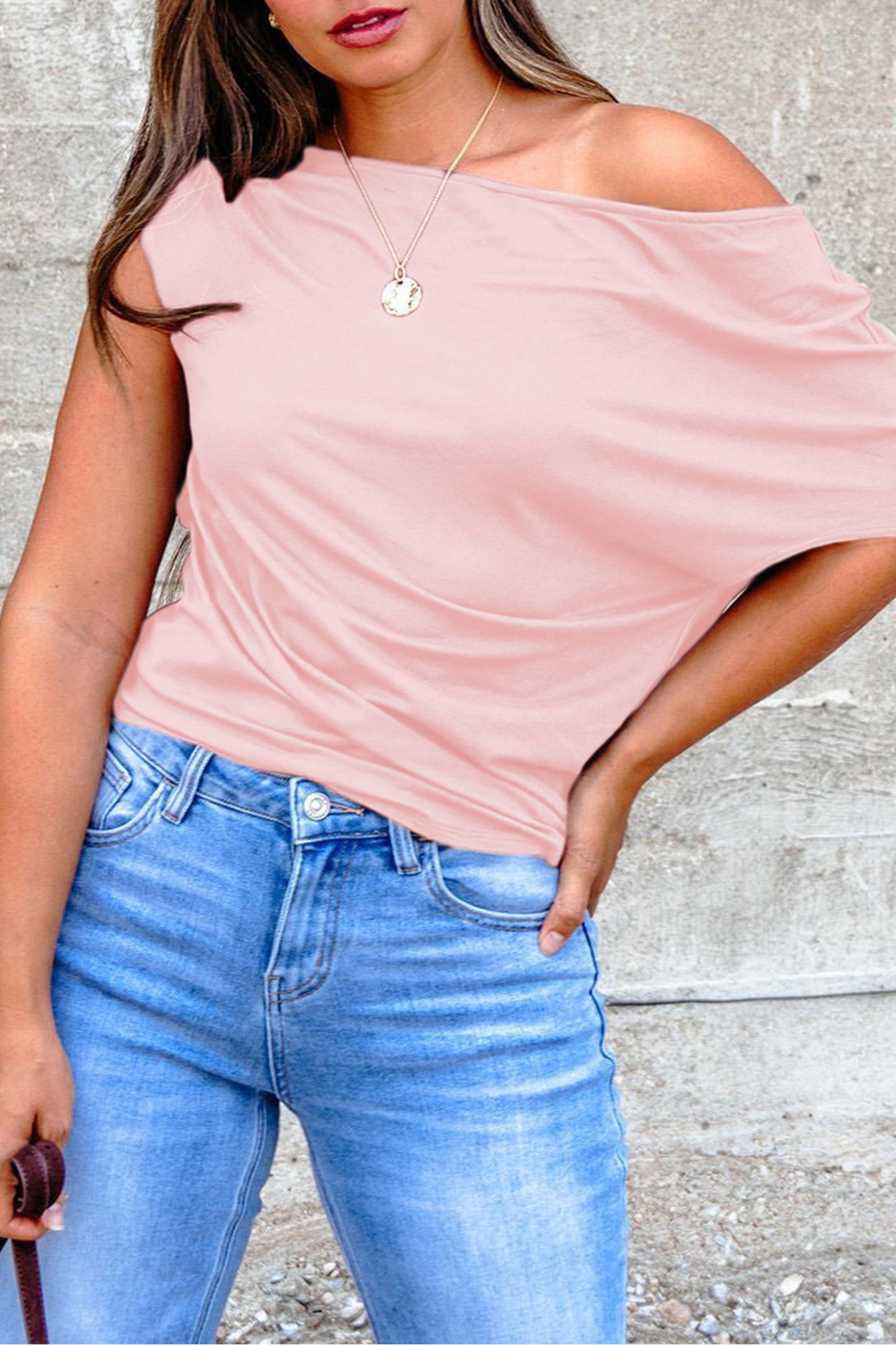 Gossamer Pink Plus Size Blouse – Asymmetric Neckline & Short Sleeves