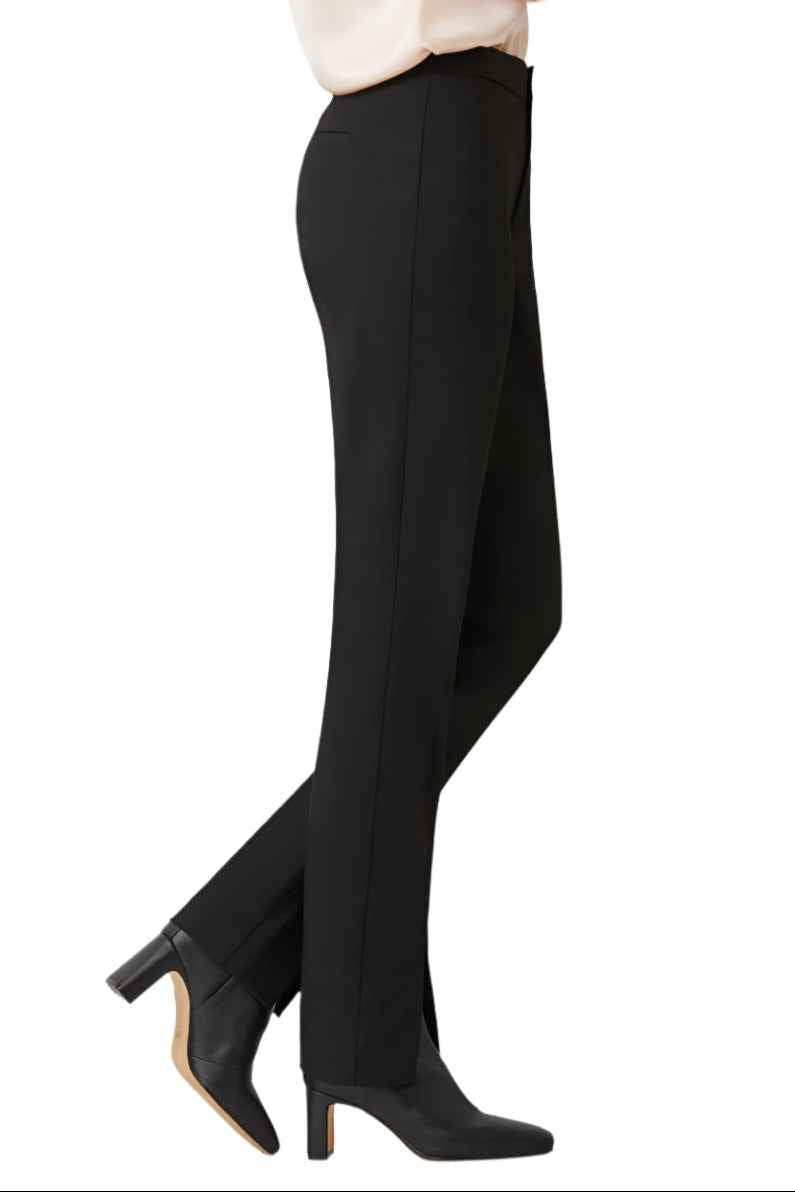ECRU Designs Banded Waist Button Hook Zipper Closure Slit Front Hem Stretch Crepe Women's Pants