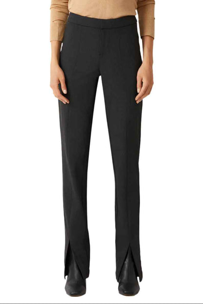 ECRU Designs Banded Waist Button Hook Zipper Closure Slit Front Hem Stretch Crepe Women's Pants