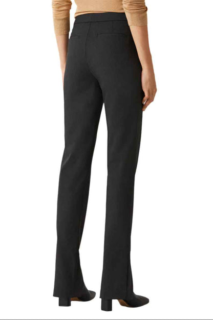 ECRU Designs Banded Waist Button Hook Zipper Closure Slit Front Hem Stretch Crepe Women's Pants