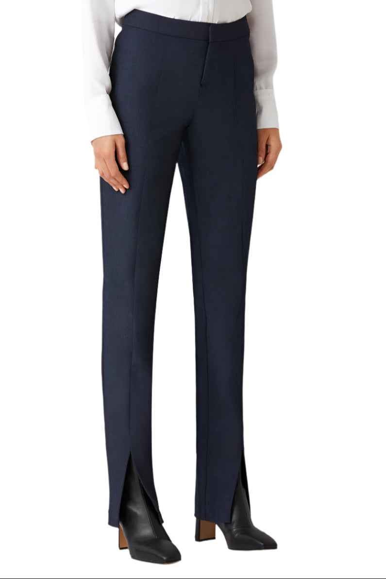 ECRU Designs Banded Waist Button Hook Zipper Closure Slit Front Hem Stretch Crepe Women's Pants