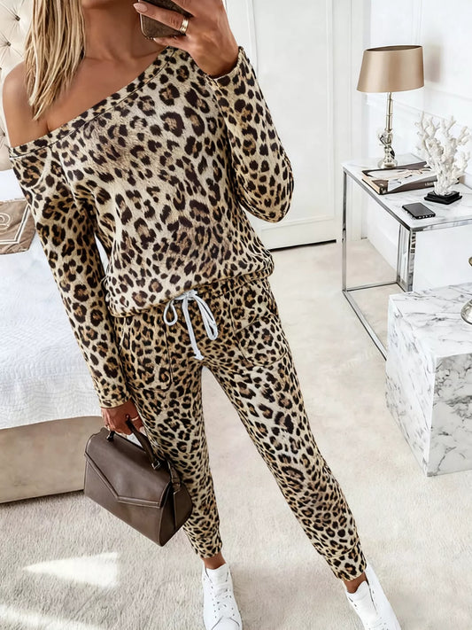 Leopard Print One-Shoulder Two-Piece Set