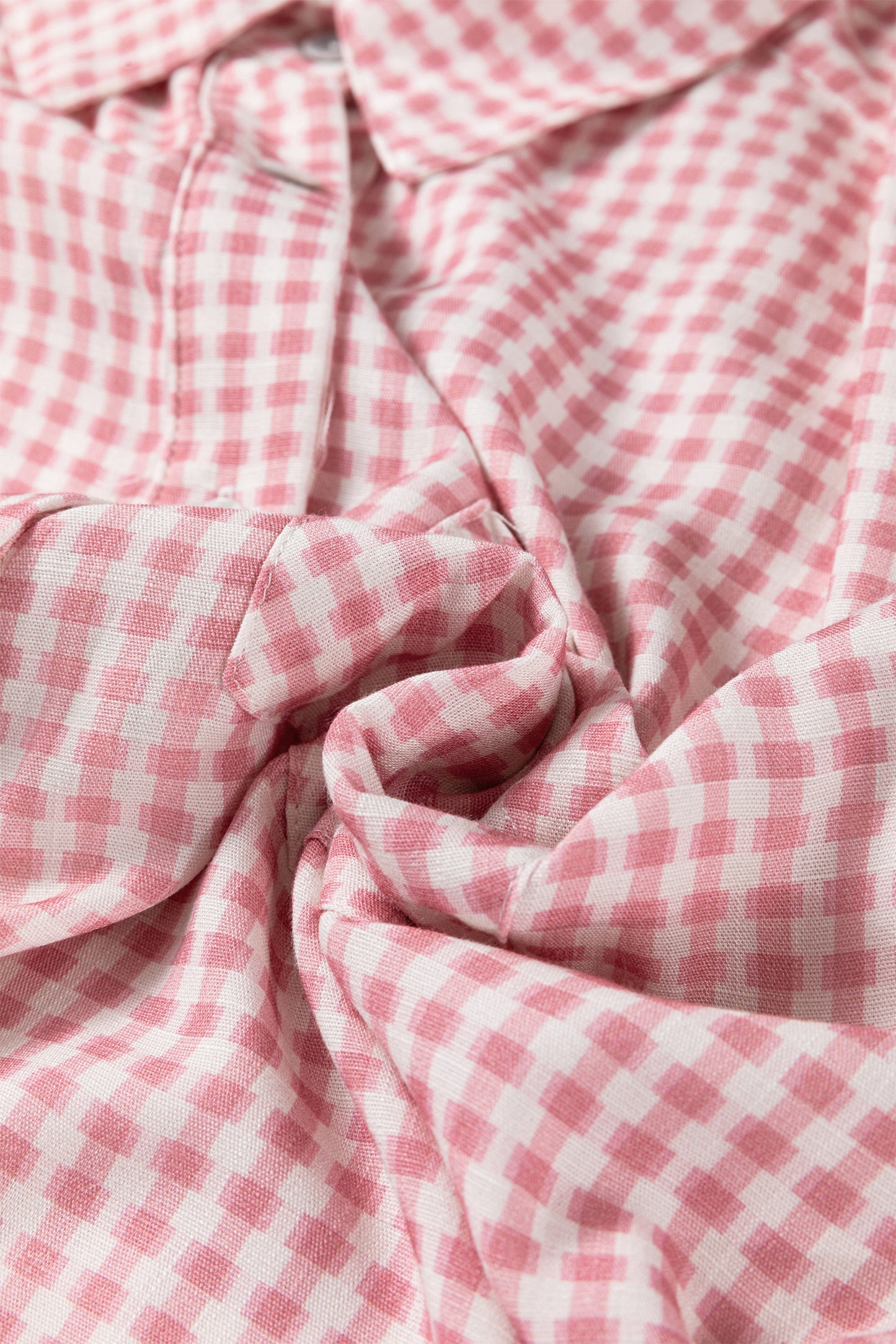 Pink Plaid Half Sleeve Ruffle Hem Button Down Blouse