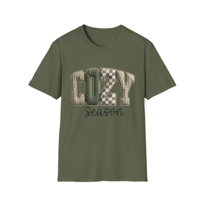 Cozy Season Women's T-Shirt — Plaid Knit Lettering Fall Graphic Tee