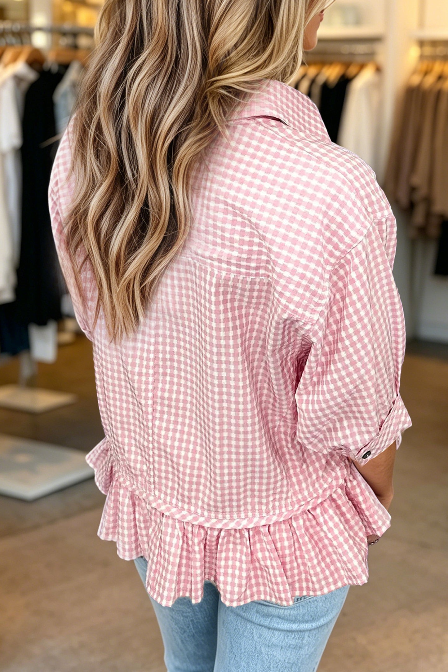 Pink Plaid Half Sleeve Ruffle Hem Button Down Blouse