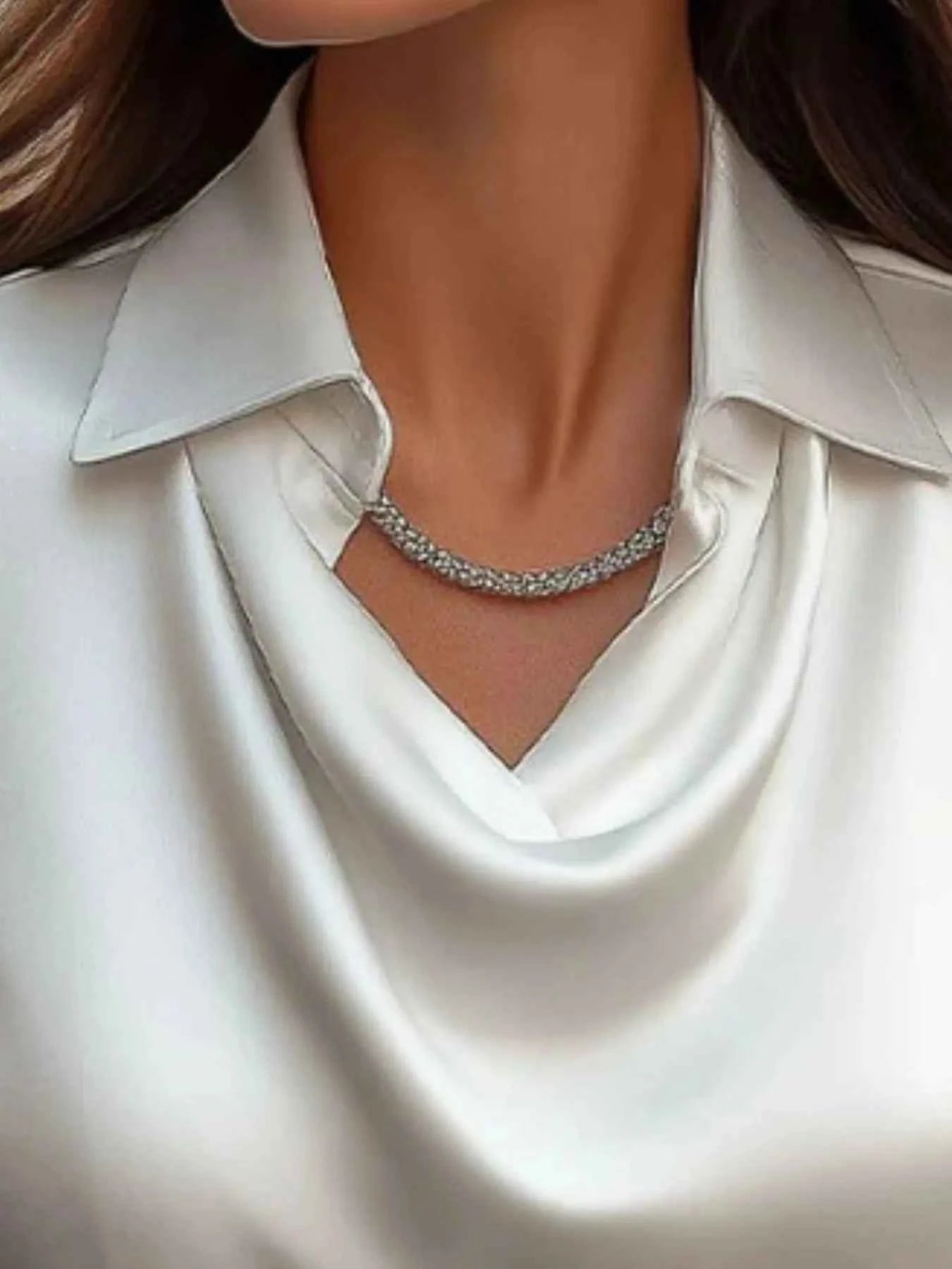 Satin Collar Long Sleeve Blouse for Women Office Wear