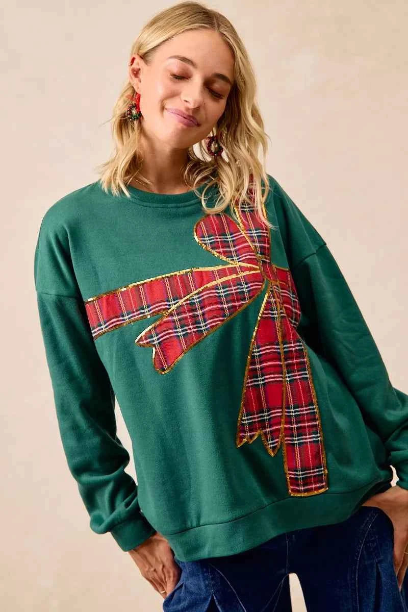 BiBi Plaid Ribbon Bow Detail Christmas Fleece Women's Sweatshirt