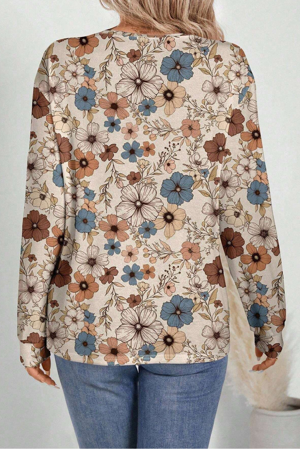 Khaki Floral Print Women's Top - Allover Floral Crew Neck Long Sleeve - The Eggy's store