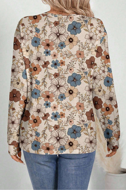 Khaki Floral Print Women's Top - Allover Floral Crew Neck Long Sleeve - The Eggy's store