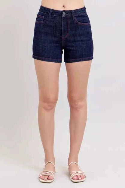 Judy Blue Full Size High Waist Heart Shaped Pkts & Red Contrast Thread Denim Shorts Plus Size