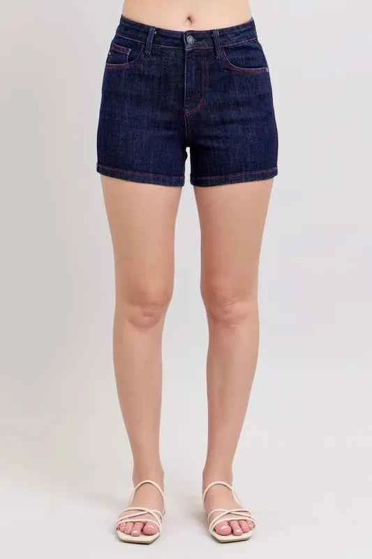 Judy Blue Full Size High Waist Heart Shaped Pkts & Red Contrast Thread Denim Shorts Plus Size