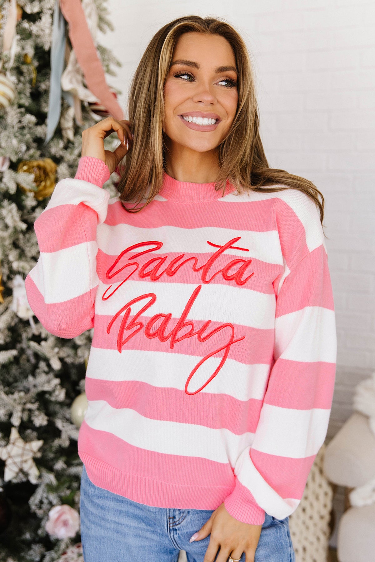 Pink Striped Santa Baby Embroidered Christmas Sweater