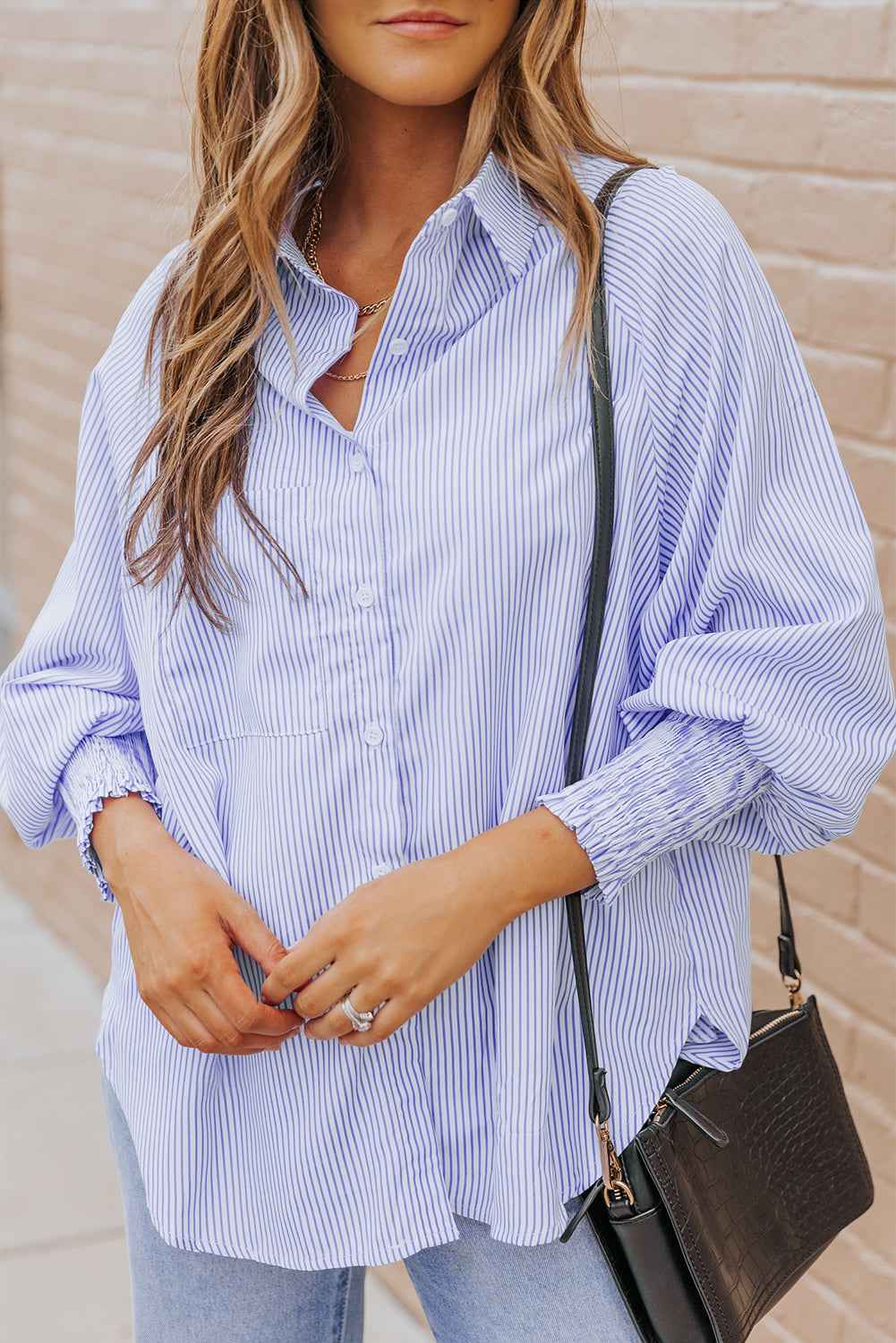 Black Striped Casual Shirred Cuffs Shirt