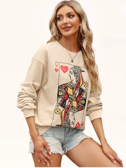 Queen of Hearts Playing Card Graphic Round Neck Sweatshirt