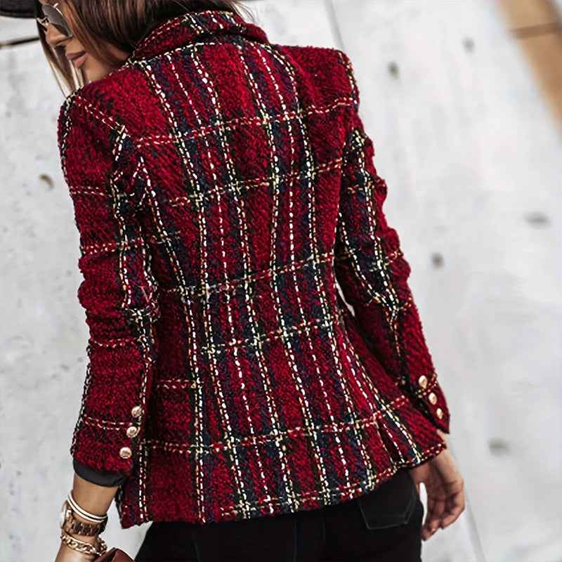 Women's Elegant Checkered Long Sleeve Blazer - Double-Breasted Printed Trench Coat For Fall&Winter, Office & Casual Jacket