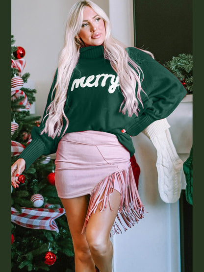 Double Take Full Size Merry Christmas Turtleneck Long Sleeve Sweater