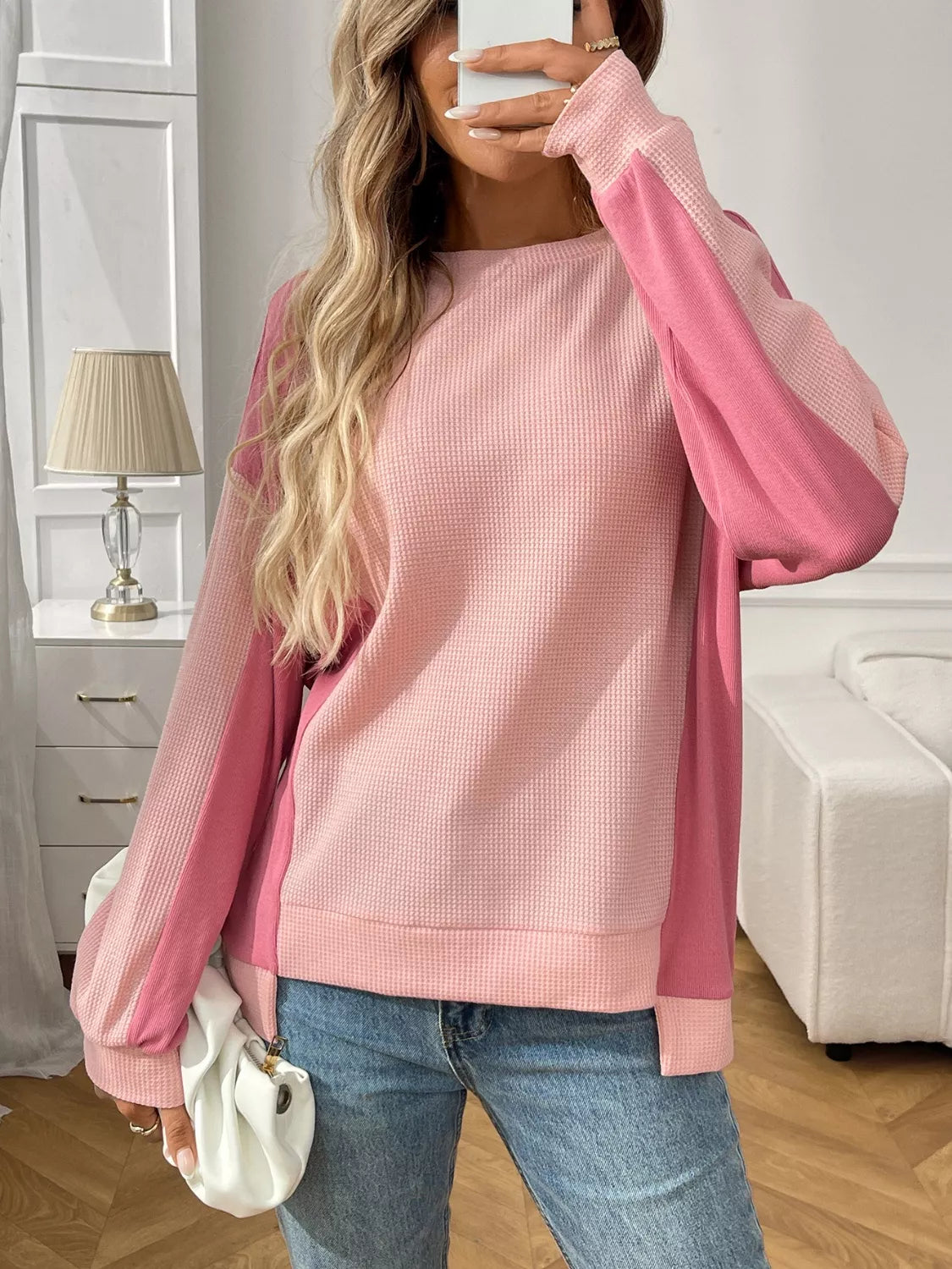 Color Block Waffle Knit Long Sleeve Sweater