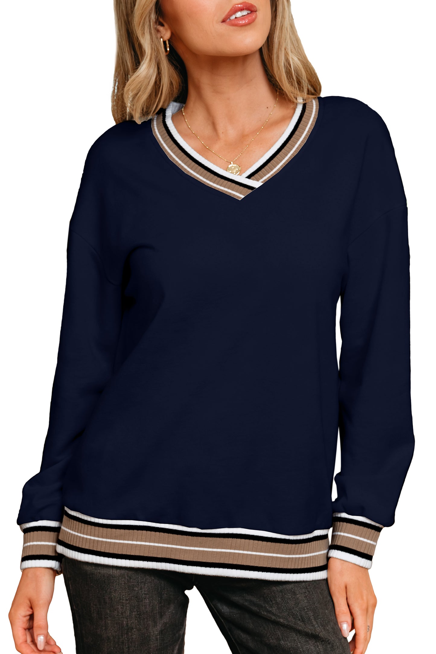 Navy Blue Varsity Contrast Striped Trim V Neck Women's Sweatshirt