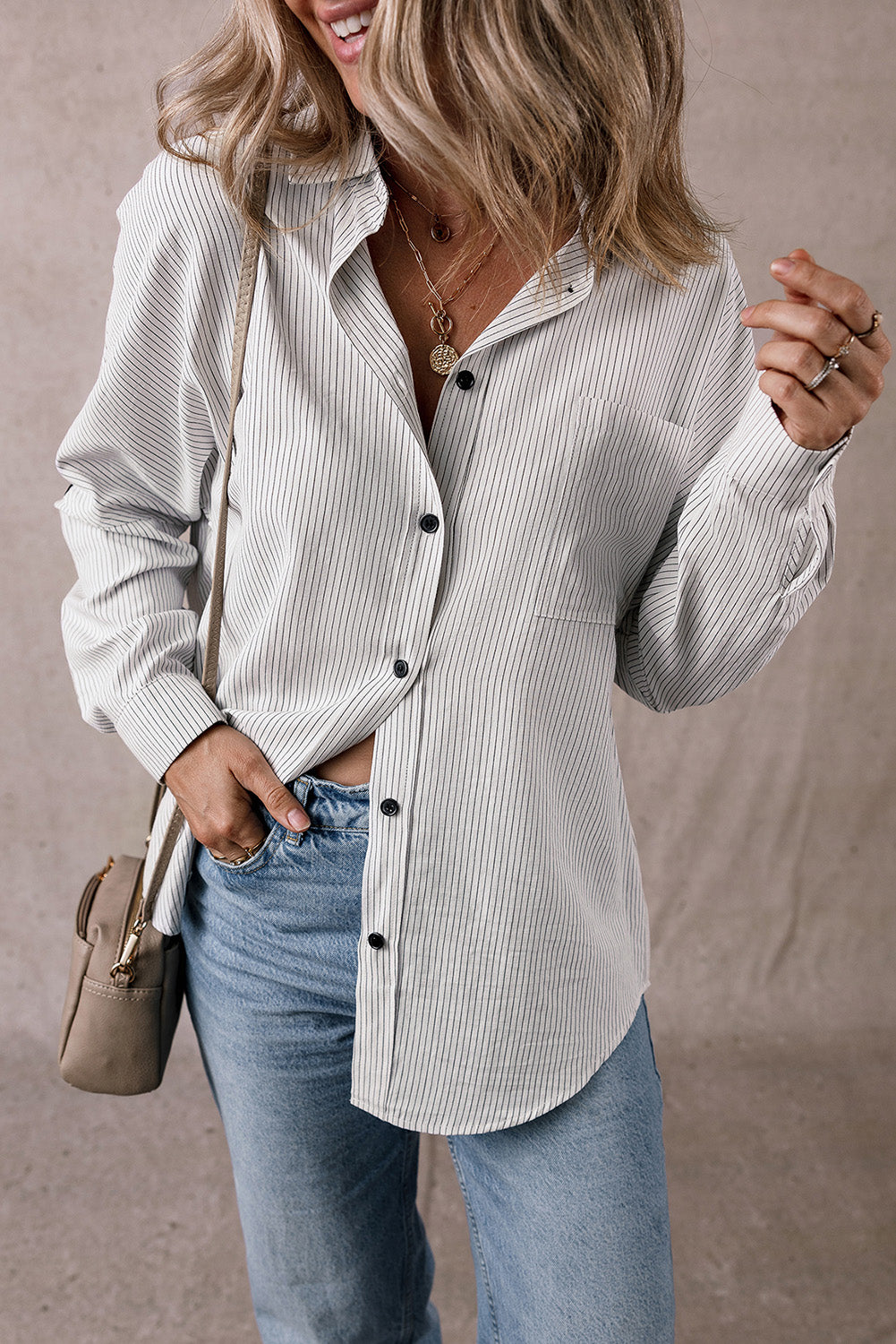 Striped Roll-Tab Sleeve Pocketed Long Blouse