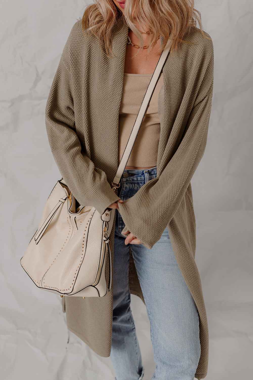 Solid Textured Knit Open-Front Cardigan