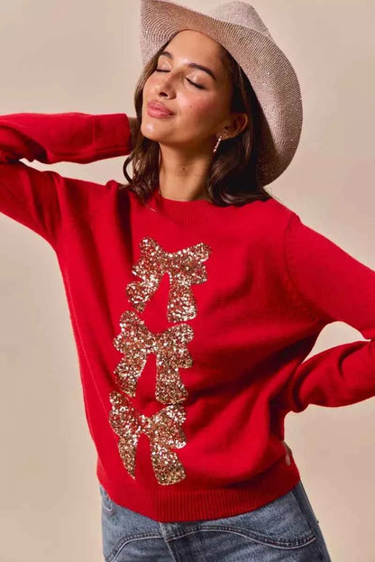 SO ME Sequins Bow Ribbon Embellished Christmas Sweater