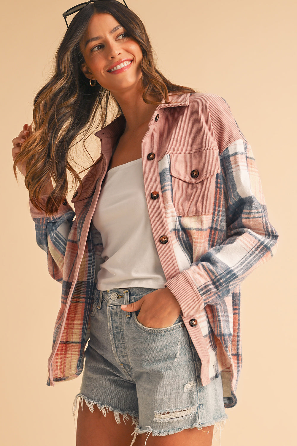 Cinnamon Plaid Corduroy Patchwork Pocket Loose Shacket - The Eggy's store