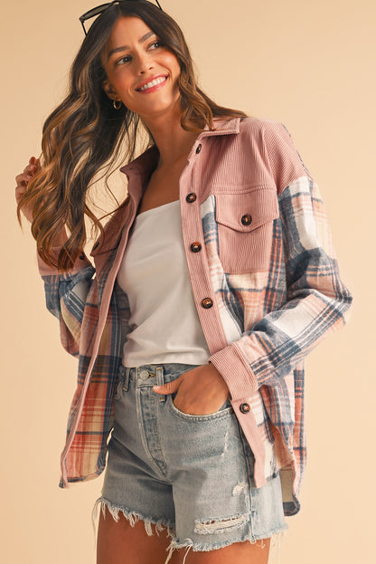Cinnamon Plaid Corduroy Patchwork Pocket Loose Shacket - The Eggy's store