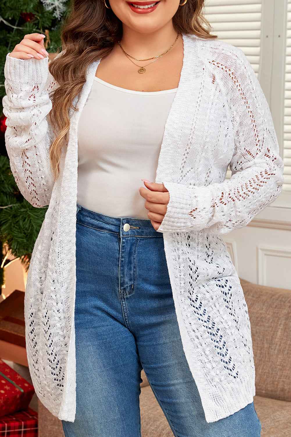 White Plus Size Eyelet Knit Open Front Cardigan