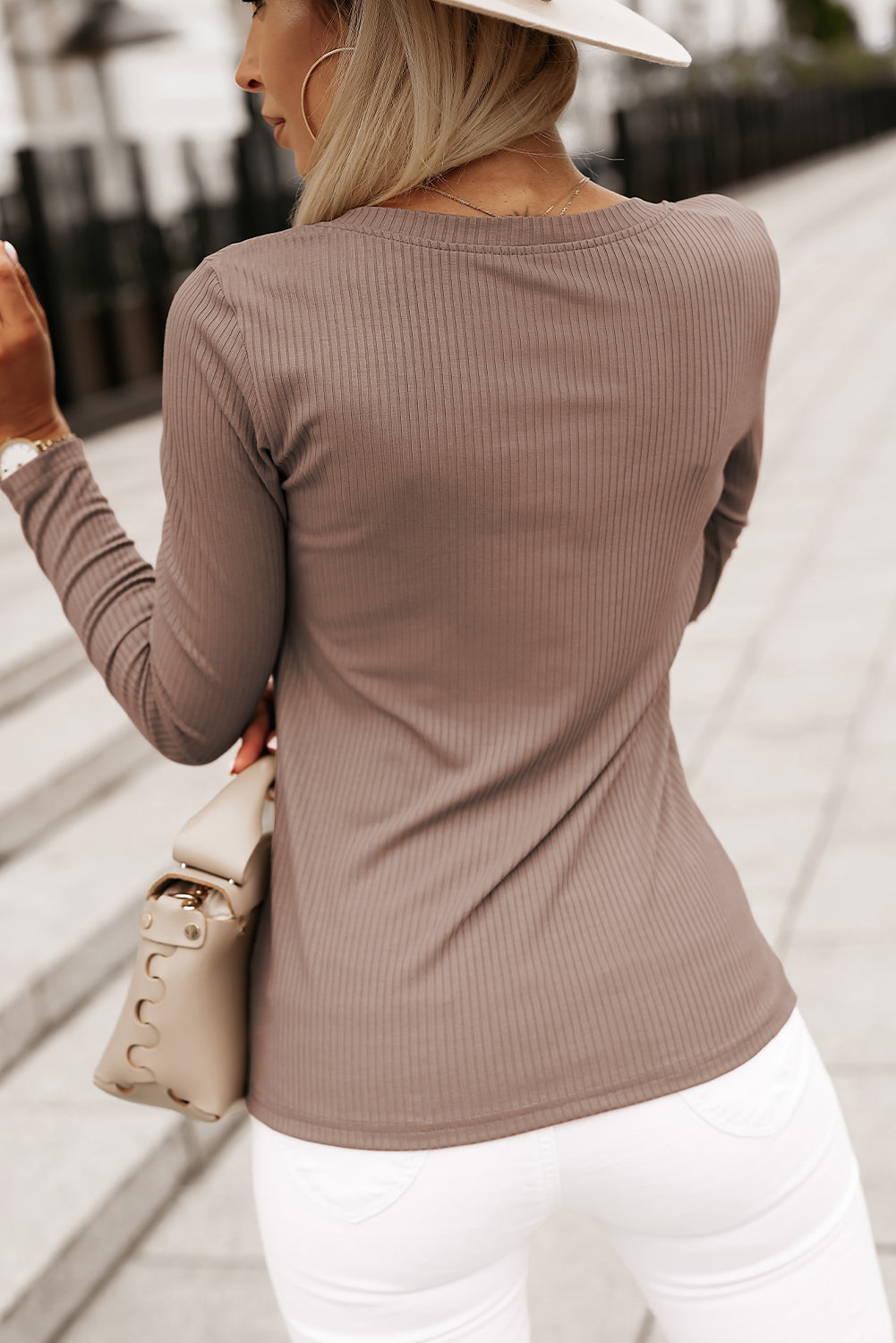 Khaki Ribbed Knit Patched Chest Pocket V Neck Blouse