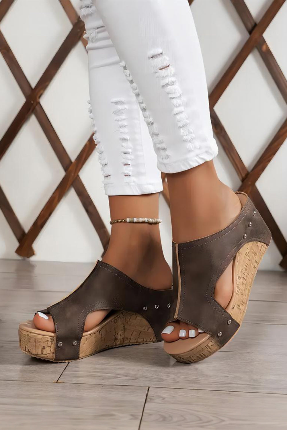 Chestnut Hollow Out Studded PU Leather Wedge Sandals