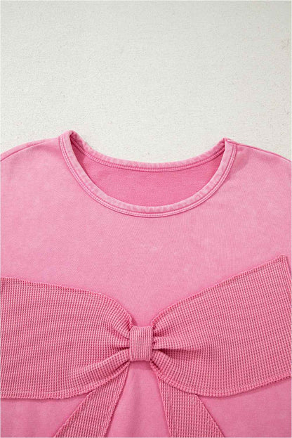 Plus Size Waffle Bowknot Patchwork Mineral Wash Sweatshirt
