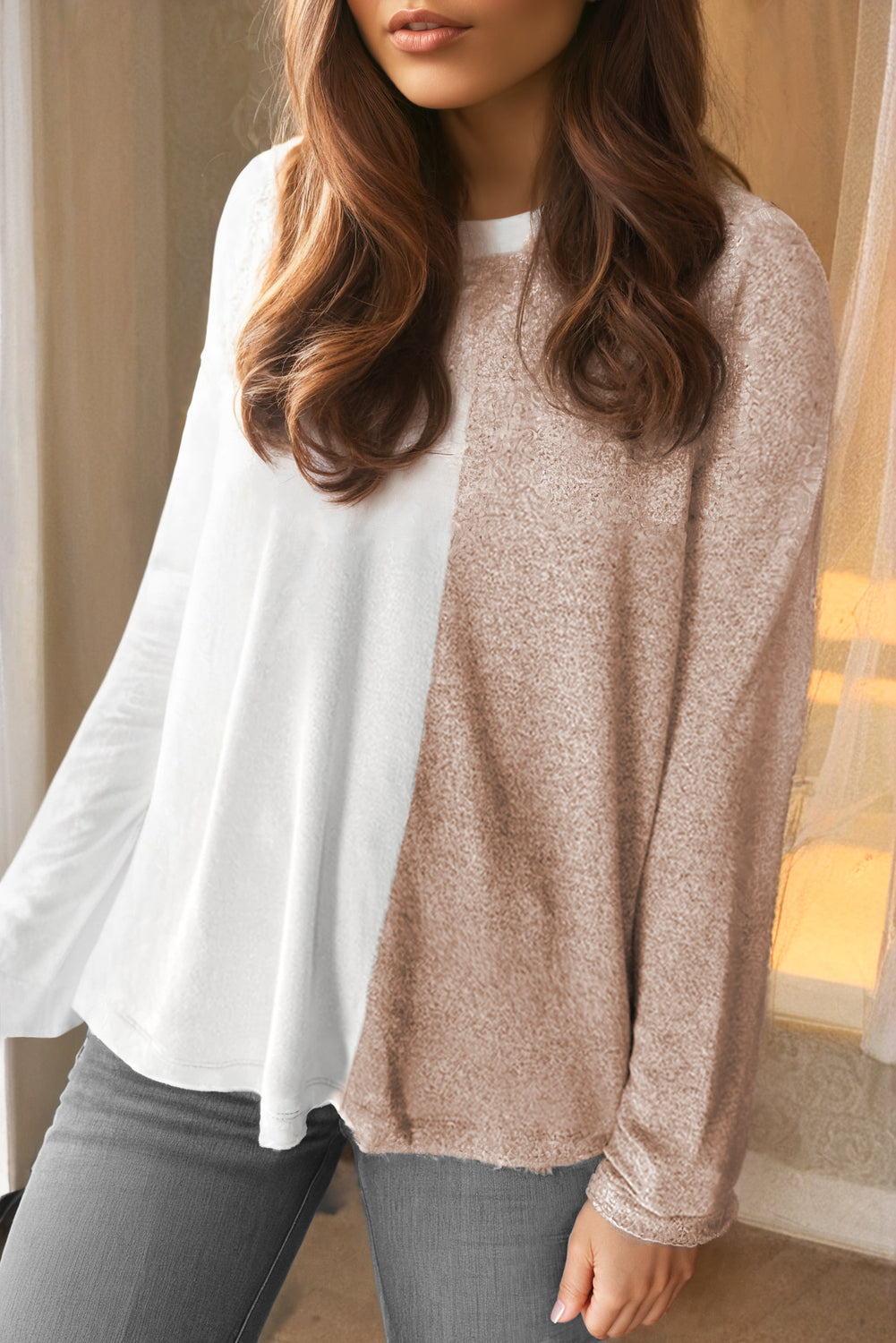 Khaki Colorblock Long Sleeve Crew Neck Sweater