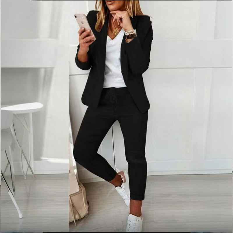 Women's Solid Color Long Sleeve Suit Set - Stylish Notch Lapel Blazer With Pockets & Drawstring Waist Pants, Spring&Fall Business Casual Outfit