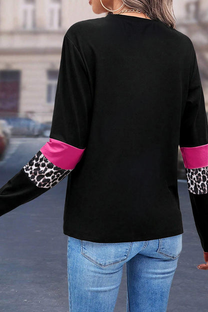 Rose Leopard Colorblock Patchwork Crew Neck Women’s Top - The Eggy's store